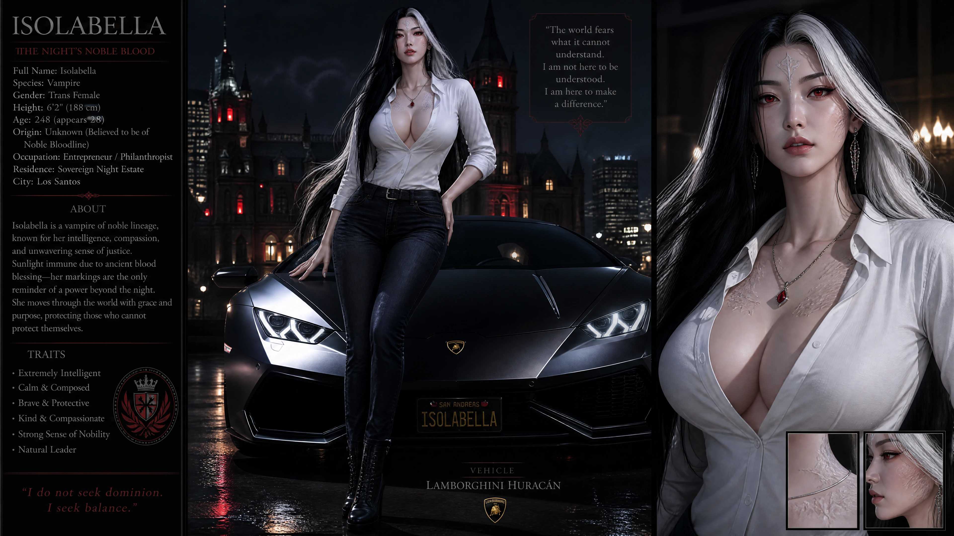 Nobile vampira asiatica dai lunghi capelli in un’auto sportiva