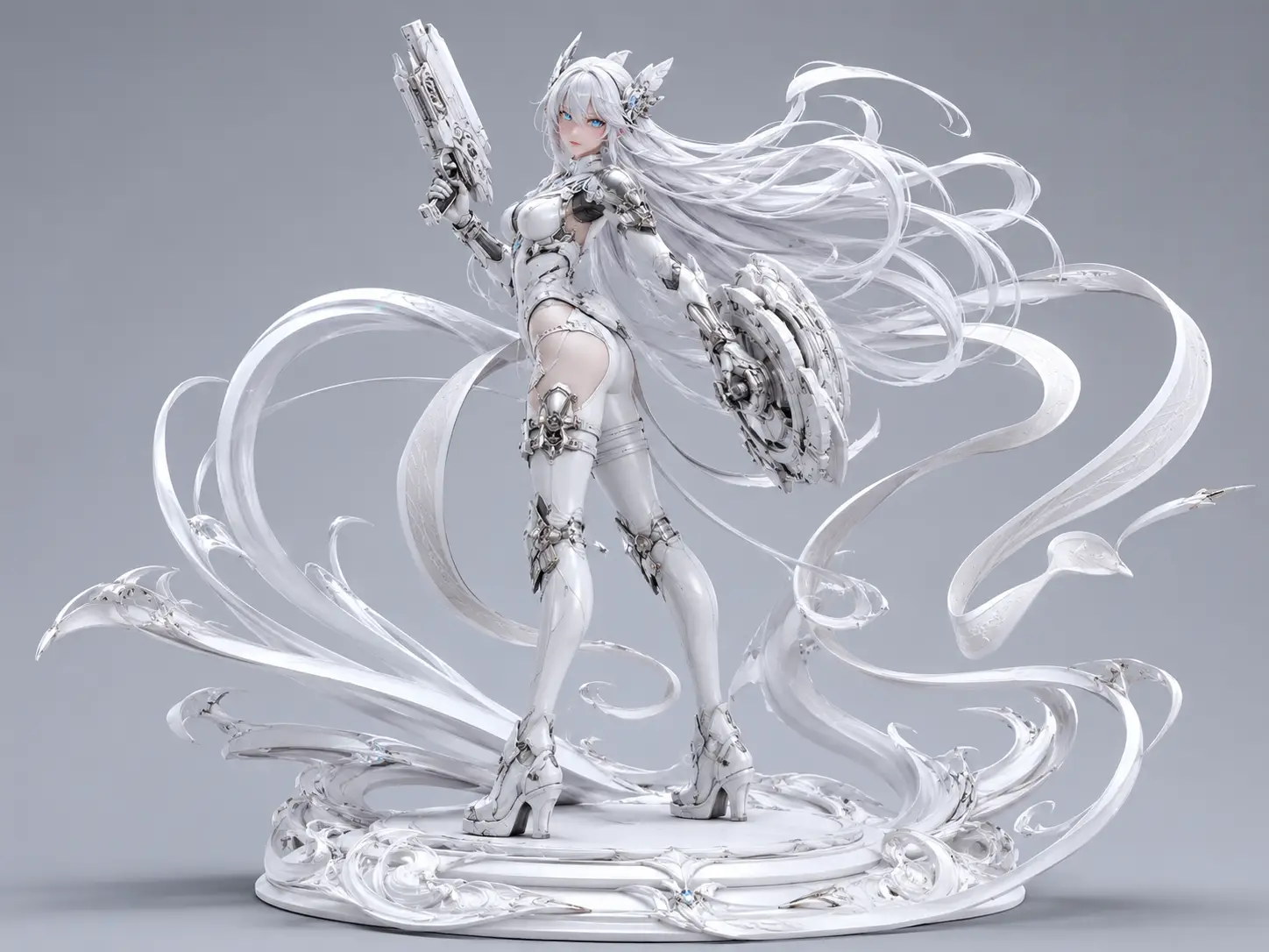 Silver haired sci fi woman figurine with glowing blue eye