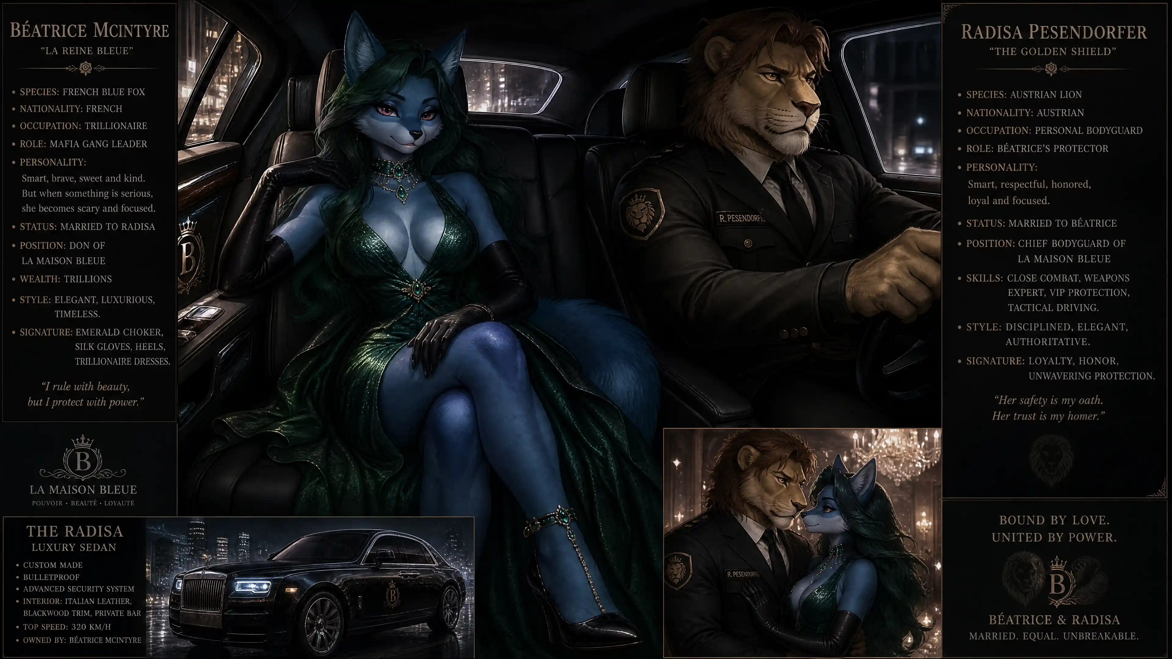 Elegant blue fox woman in luxury car backseat