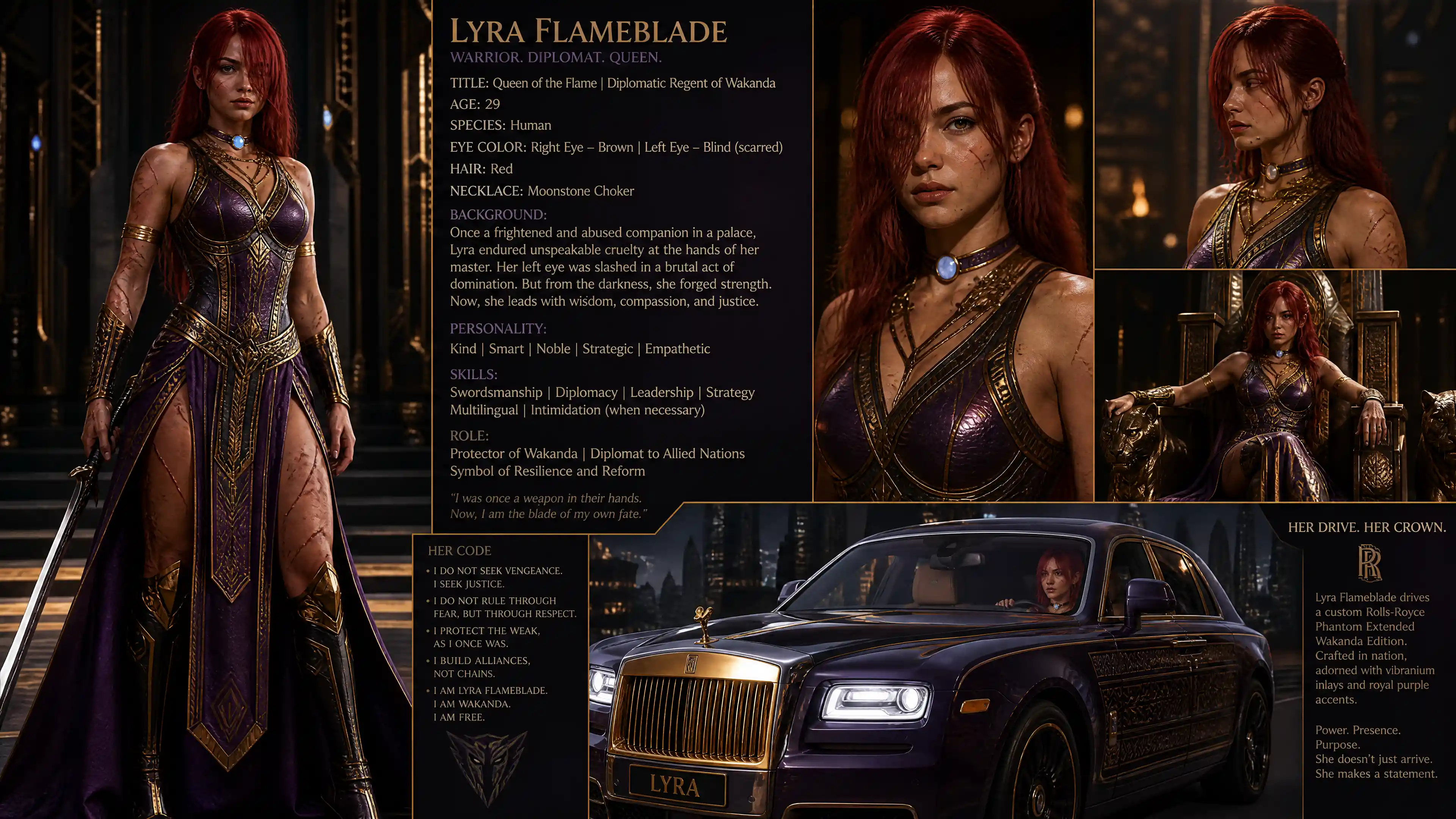 Scarred red haired warrior woman with blind eye and choker
