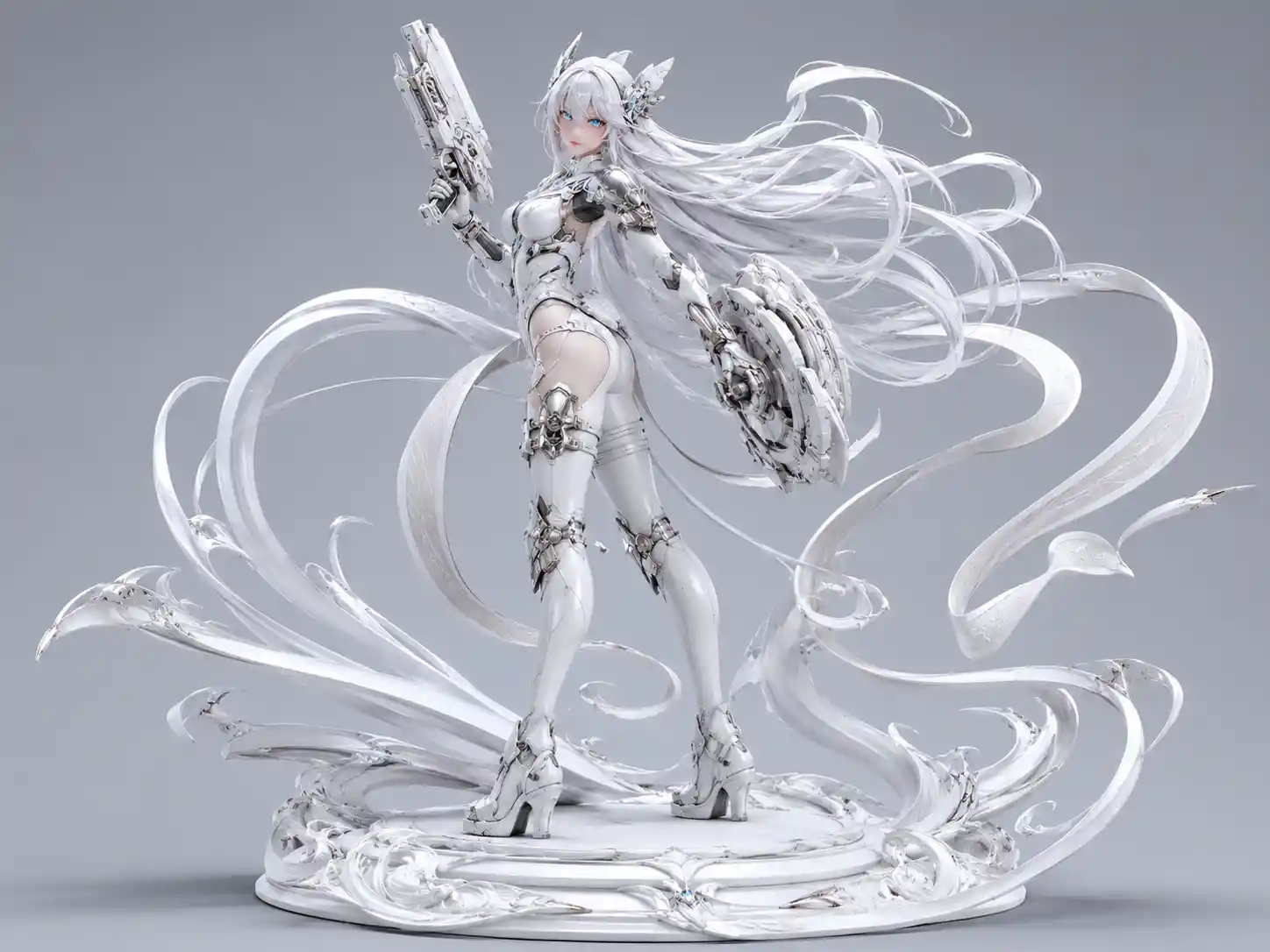 Silver haired sci fi woman figurine with glowing blue eye
