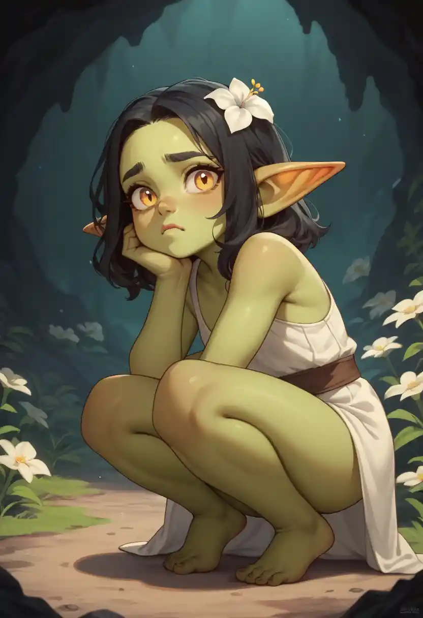 Adorable gobeline verte accroupie dans une grotte chaleureuse