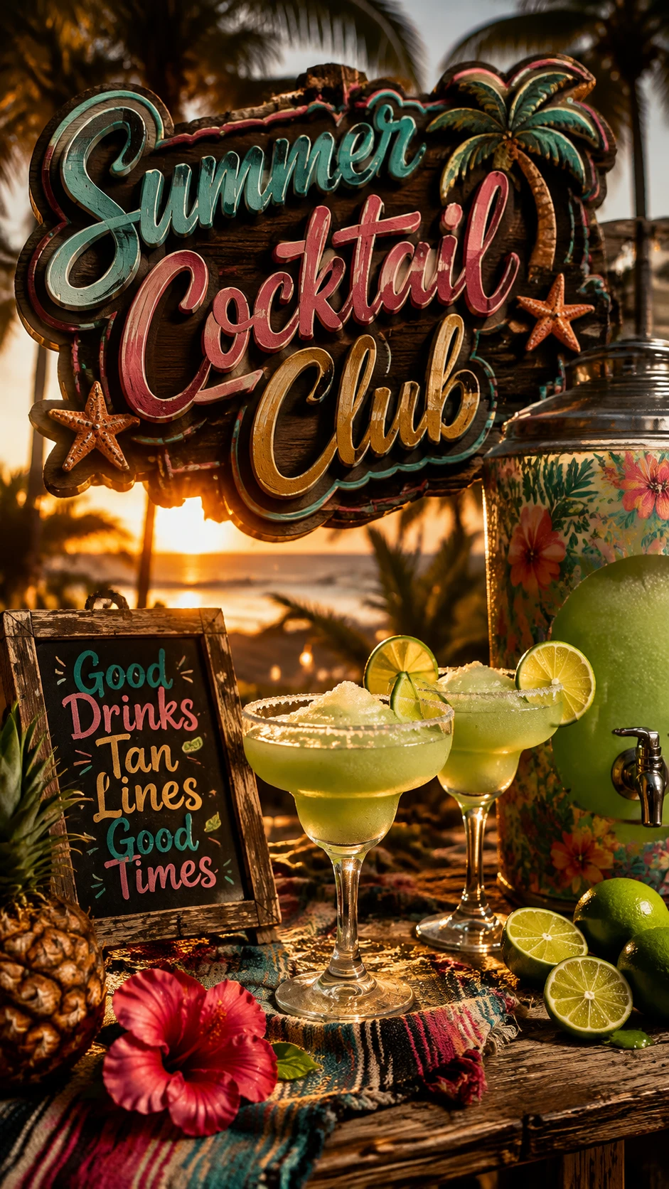 Tropical summer cocktails on beach table at sunset