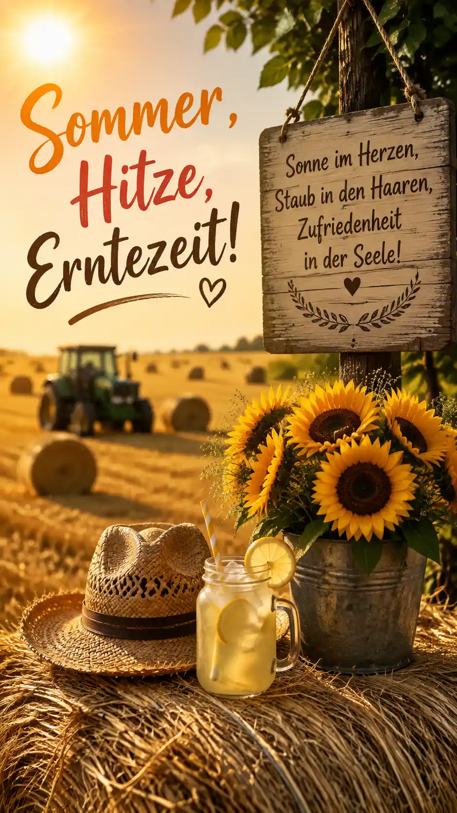 Sunflowers And Lemonade On Hay Bale At Summer Harvest