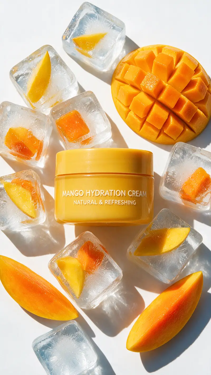 Mango cosmetic jar with ice cubes on white background