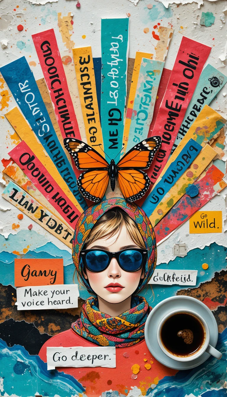 Mixed media vision board with woman portrait and butterfly