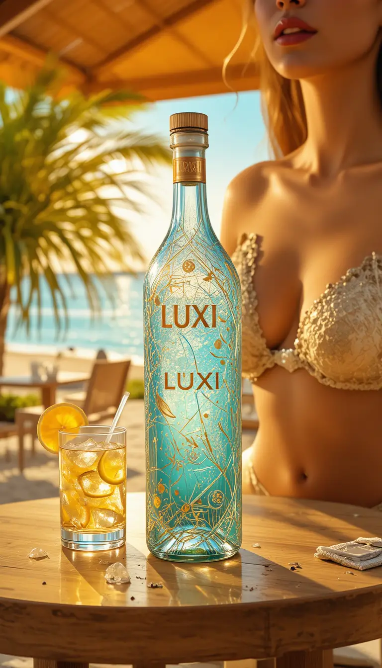 Luxury glass water bottle on sunny beachside table