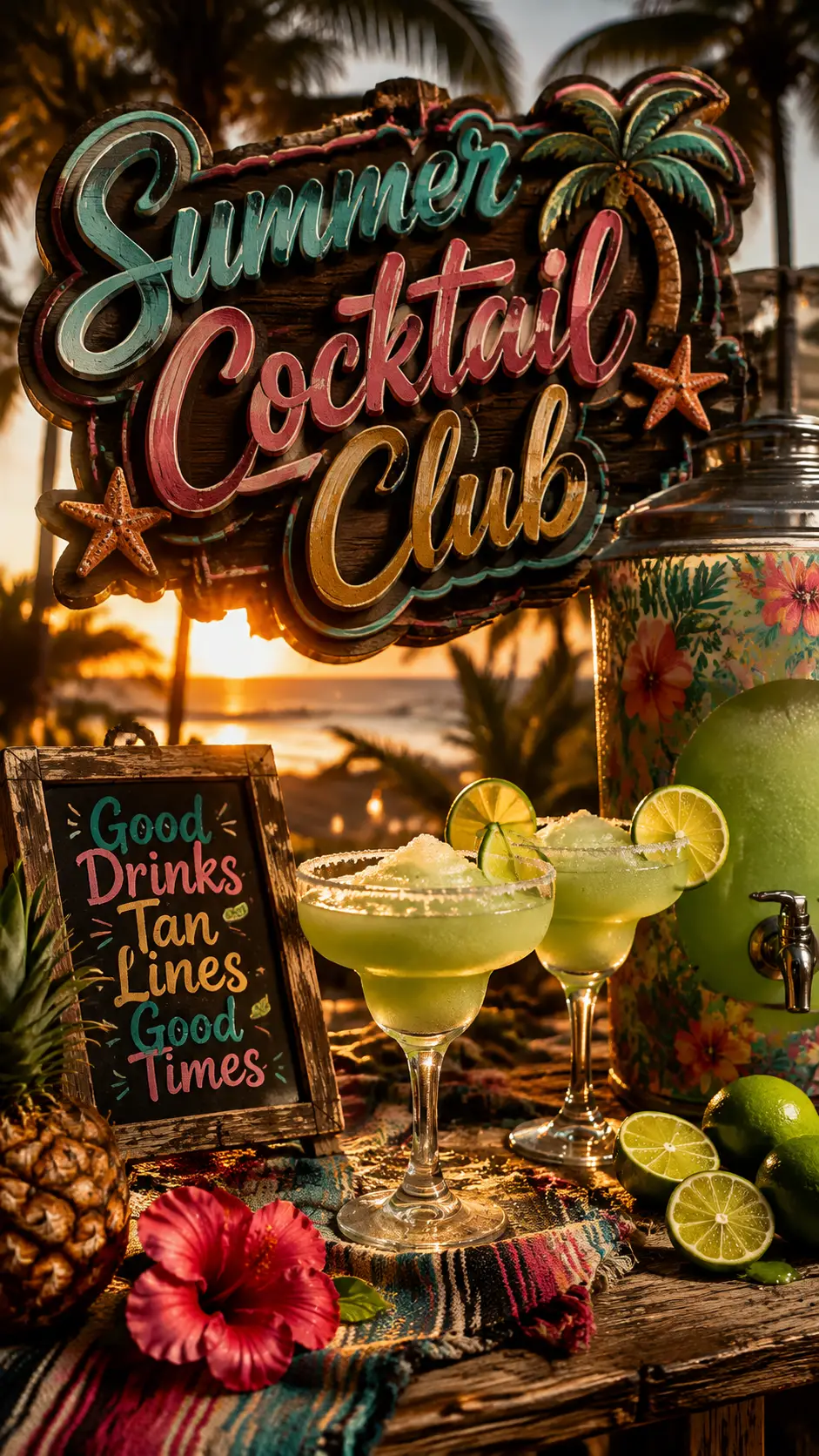 Tropical summer cocktails on beach table at sunset