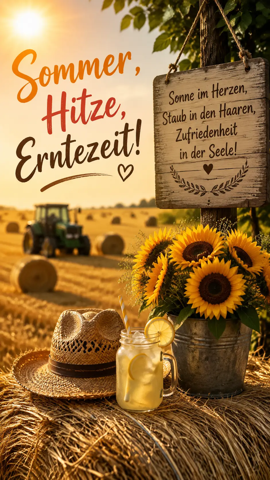 Sunflowers And Lemonade On Hay Bale At Summer Harvest
