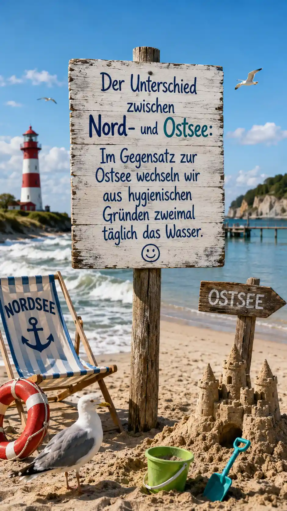 Playful wooden signpost on a sunny german beach