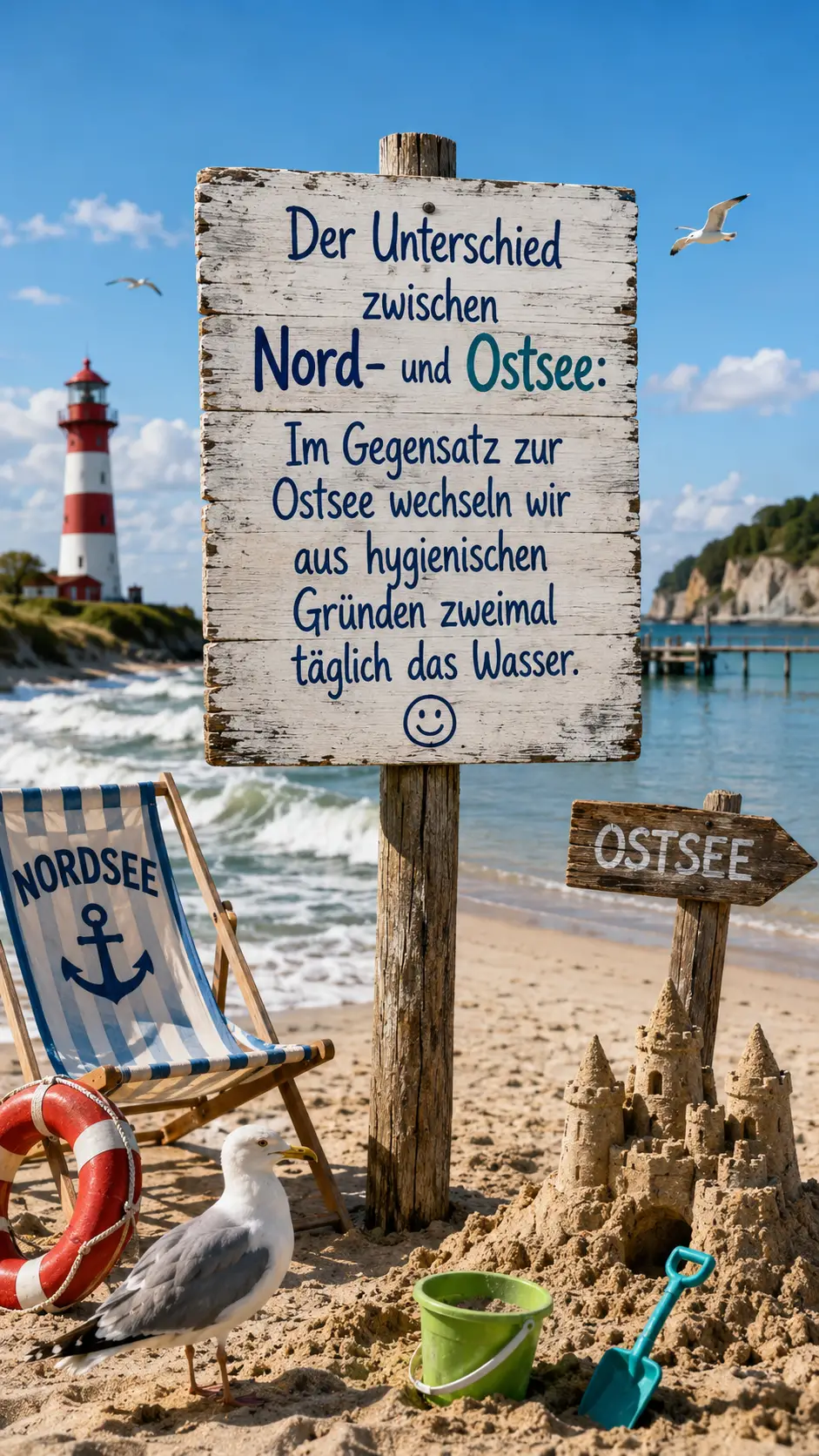 Playful wooden signpost on a sunny german beach