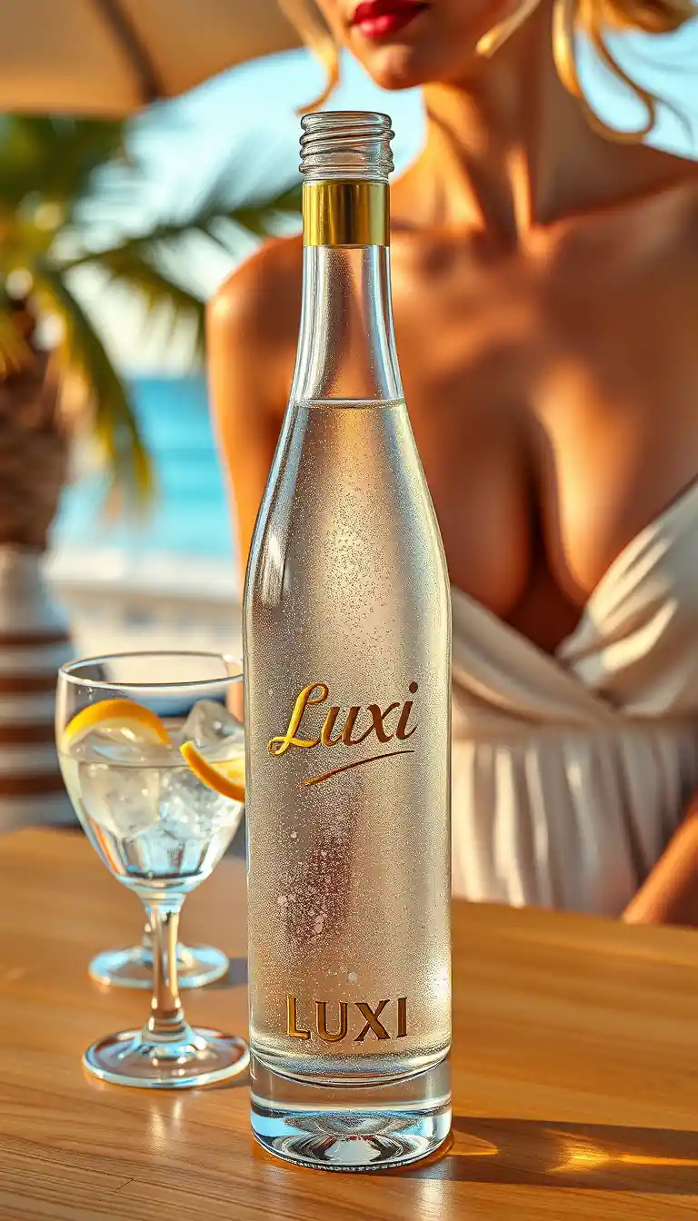 Premium glass water bottle on sunlit beach table
