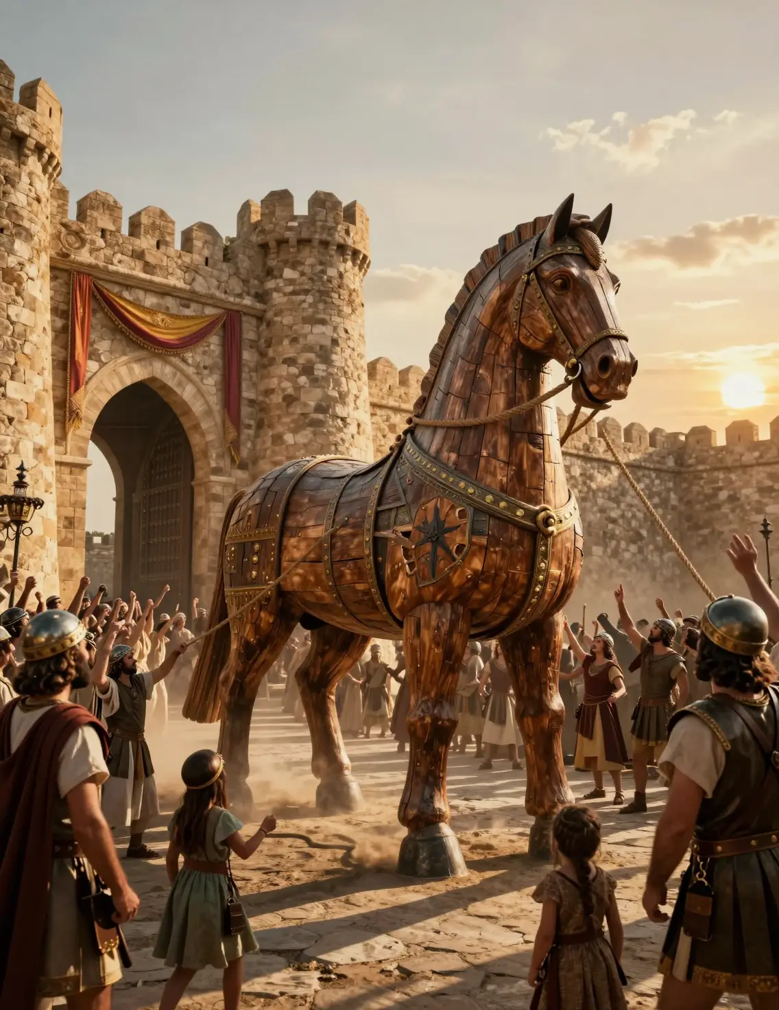 Trojan Horse Drawn Through The Gates Of Ancient Troy