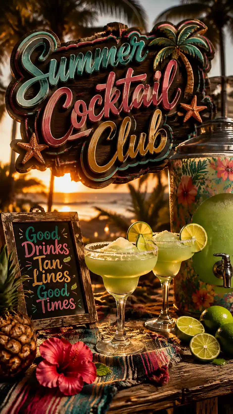 Tropical summer cocktails on beach table at sunset