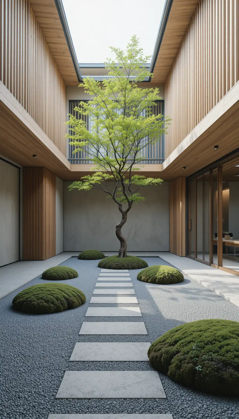 Modern Japanese zen courtyard with glass and timber details
