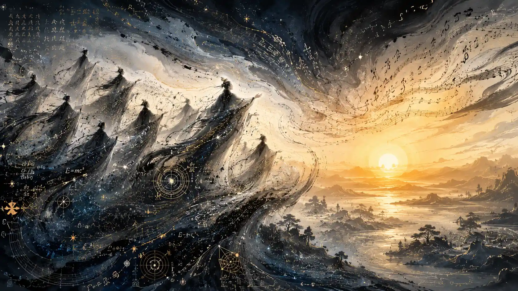 Ethereal Choir Of Silent Beings Beneath Flowing Ink Skies