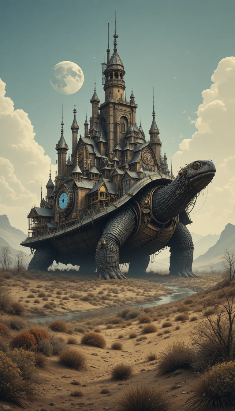 Clockwork city on the back of a colossal desert turtle