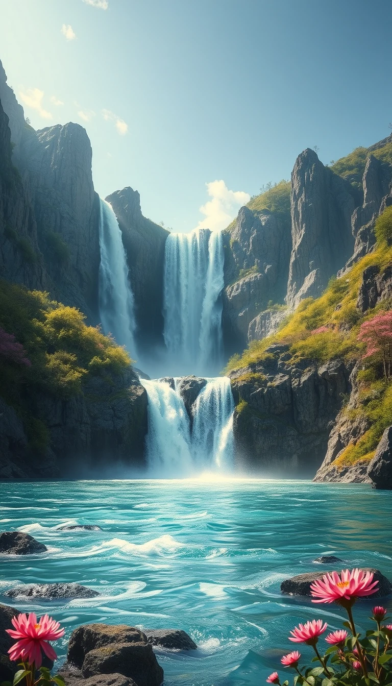 Magical waterfall cascading into a crystal clear ocean