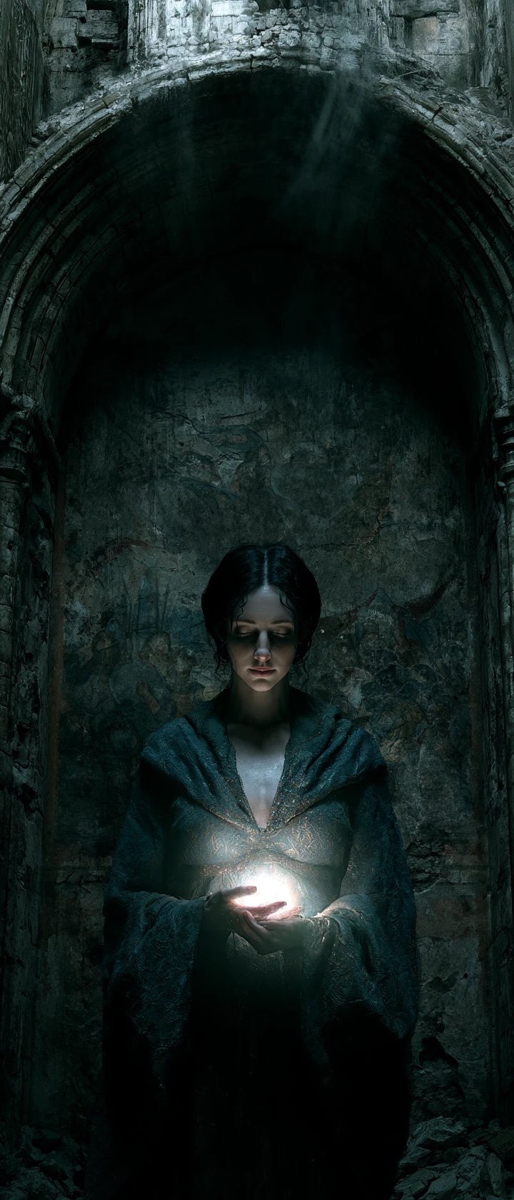 Sorceress Holding Glowing Orb Before Crumbling Castle Gate