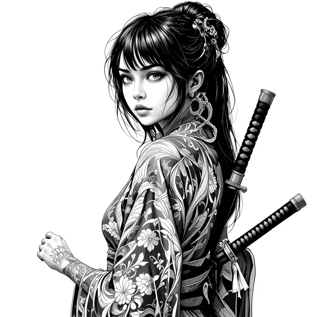 Donna samurai in kimono che si volta con sguardo intenso