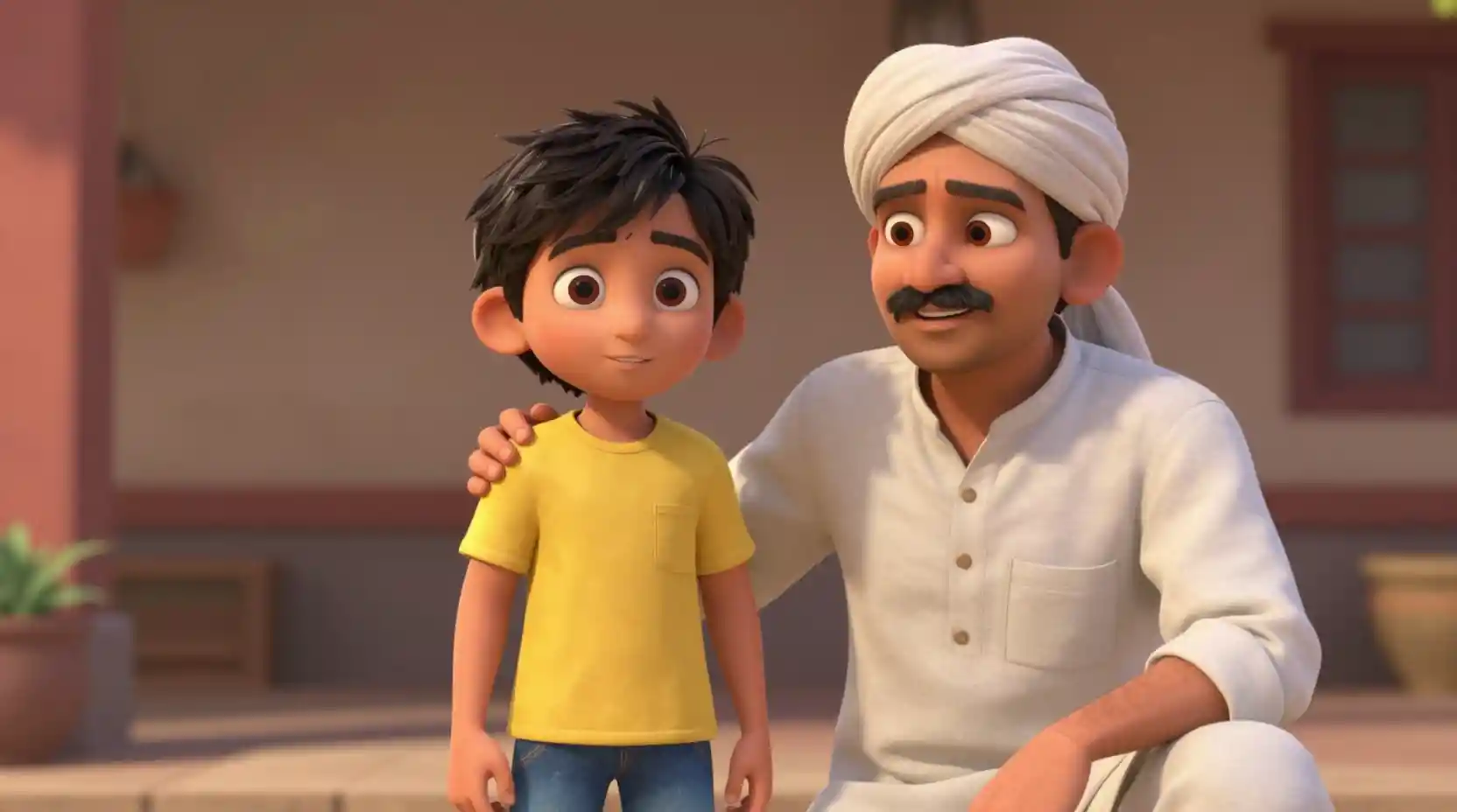 Nonno indiano e bambino in una calda scena domestica 3D