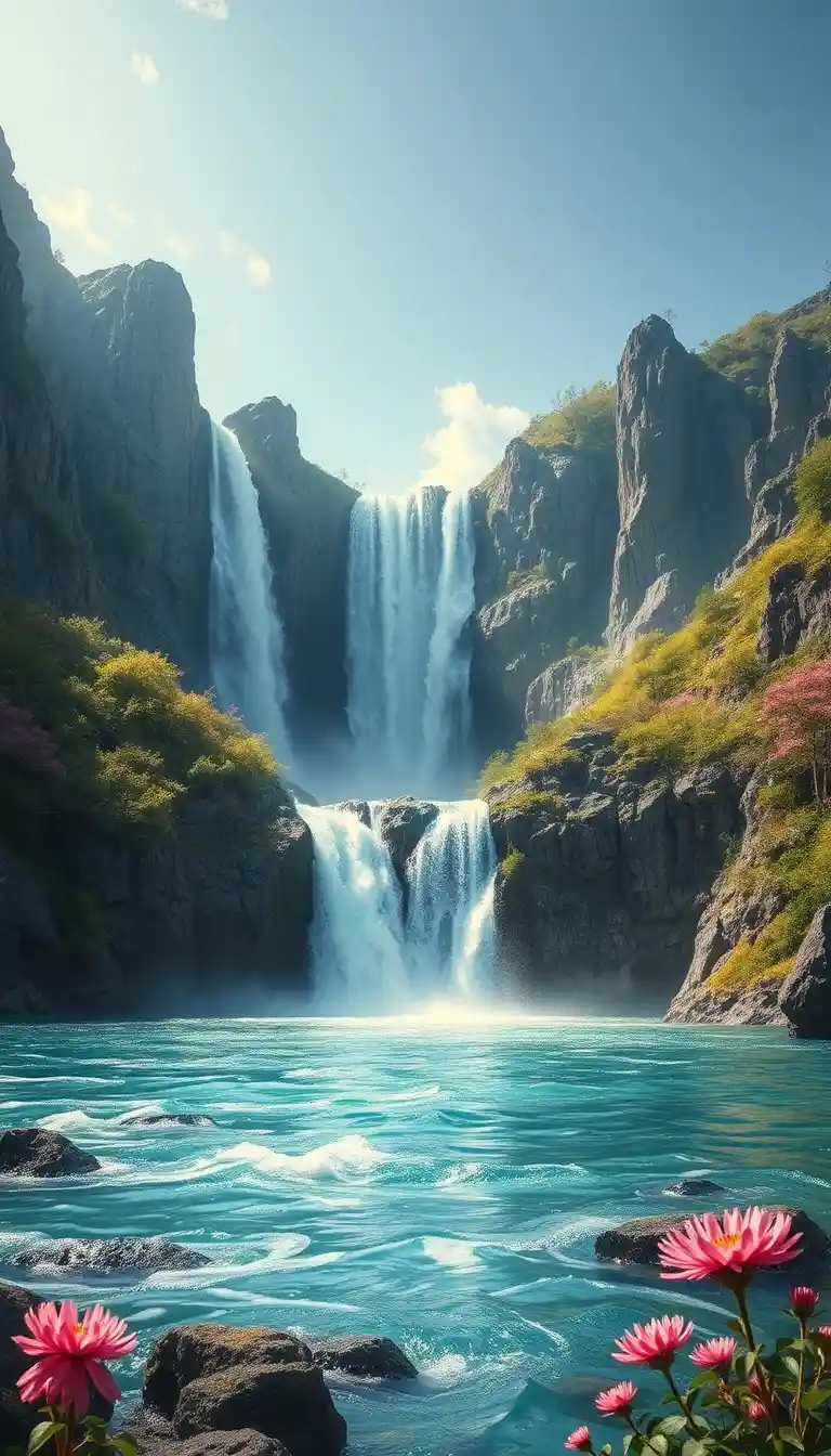 Magical waterfall cascading into a crystal clear ocean