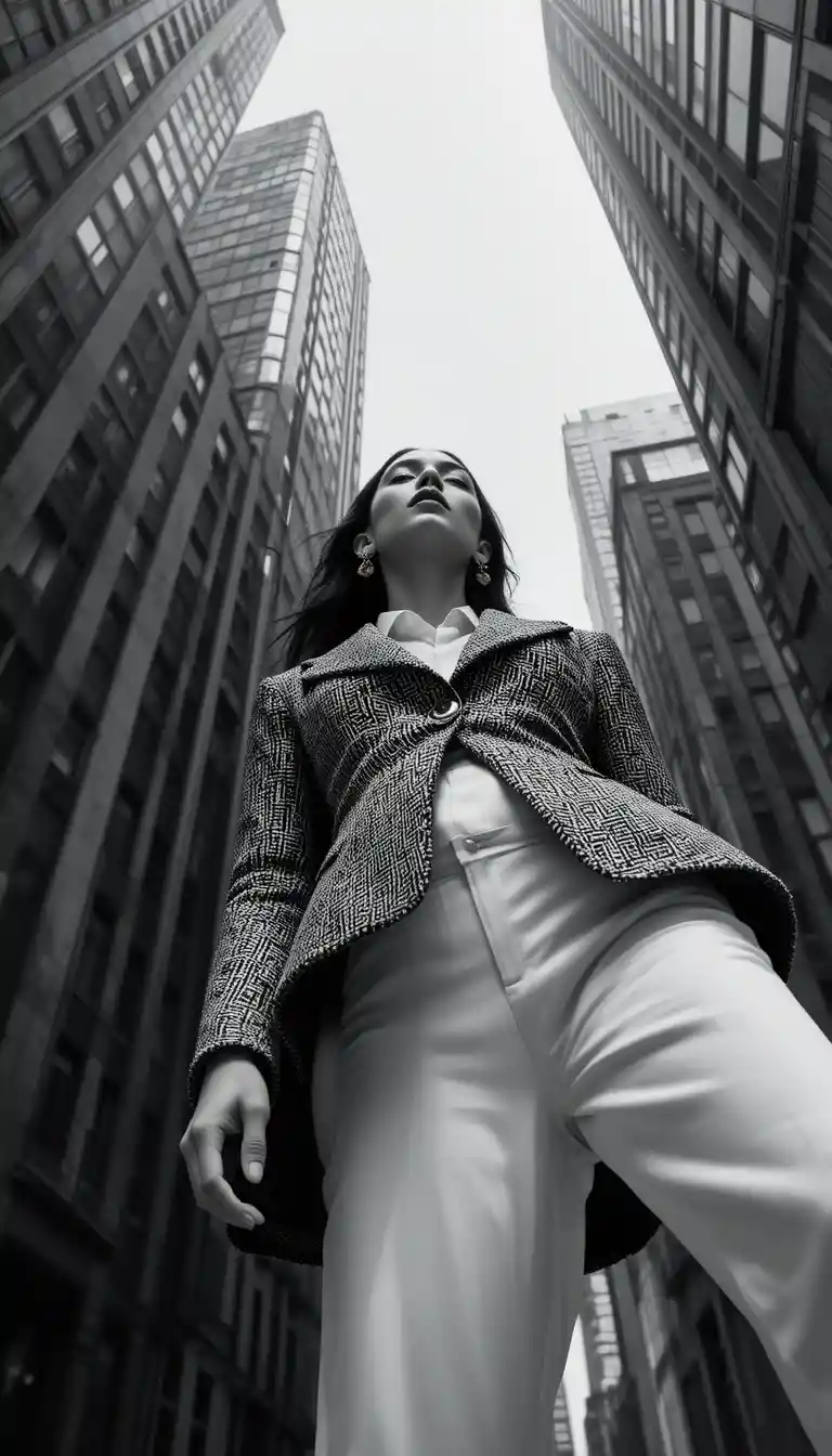Stylish woman in tweed blazer against towering city skyscrapers