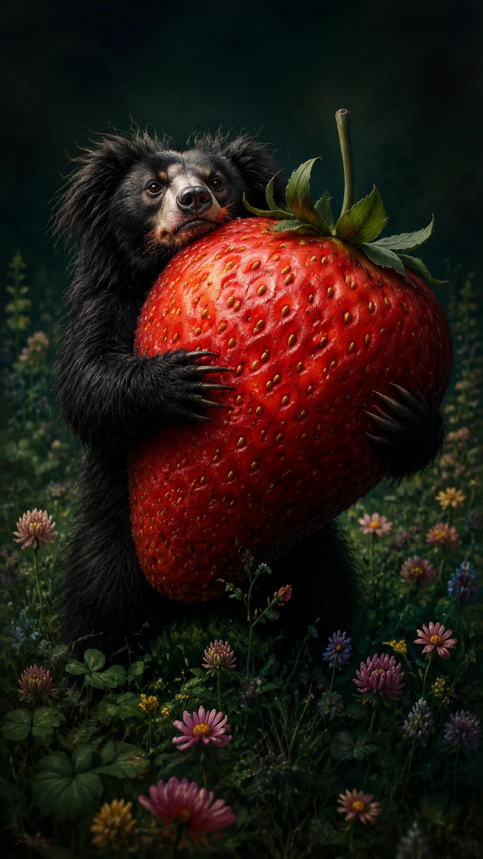 Determined sloth bear hauling an enormous strawberry across meadow
