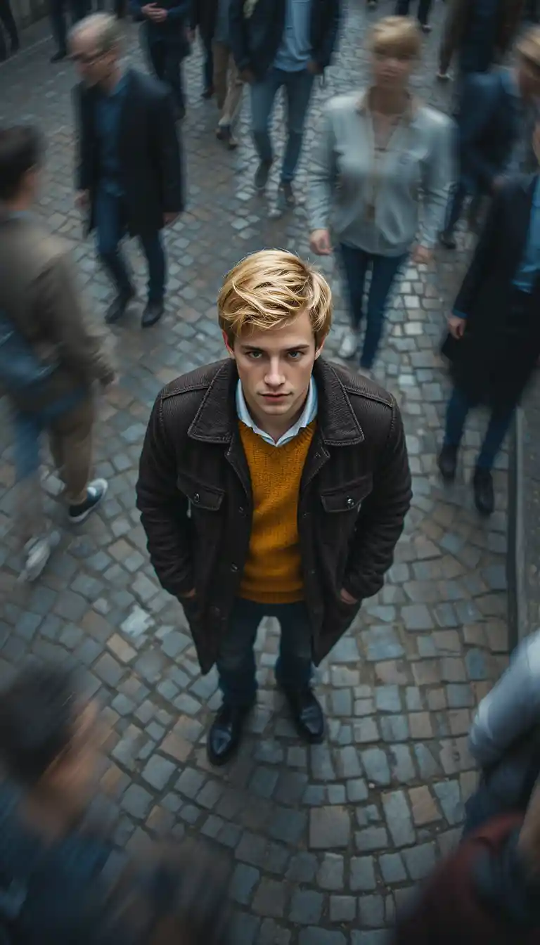 Young man standing still in a busy city street