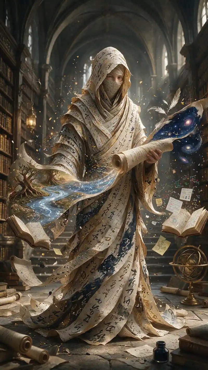 Supernatural librarian in robes of flowing living calligraphy