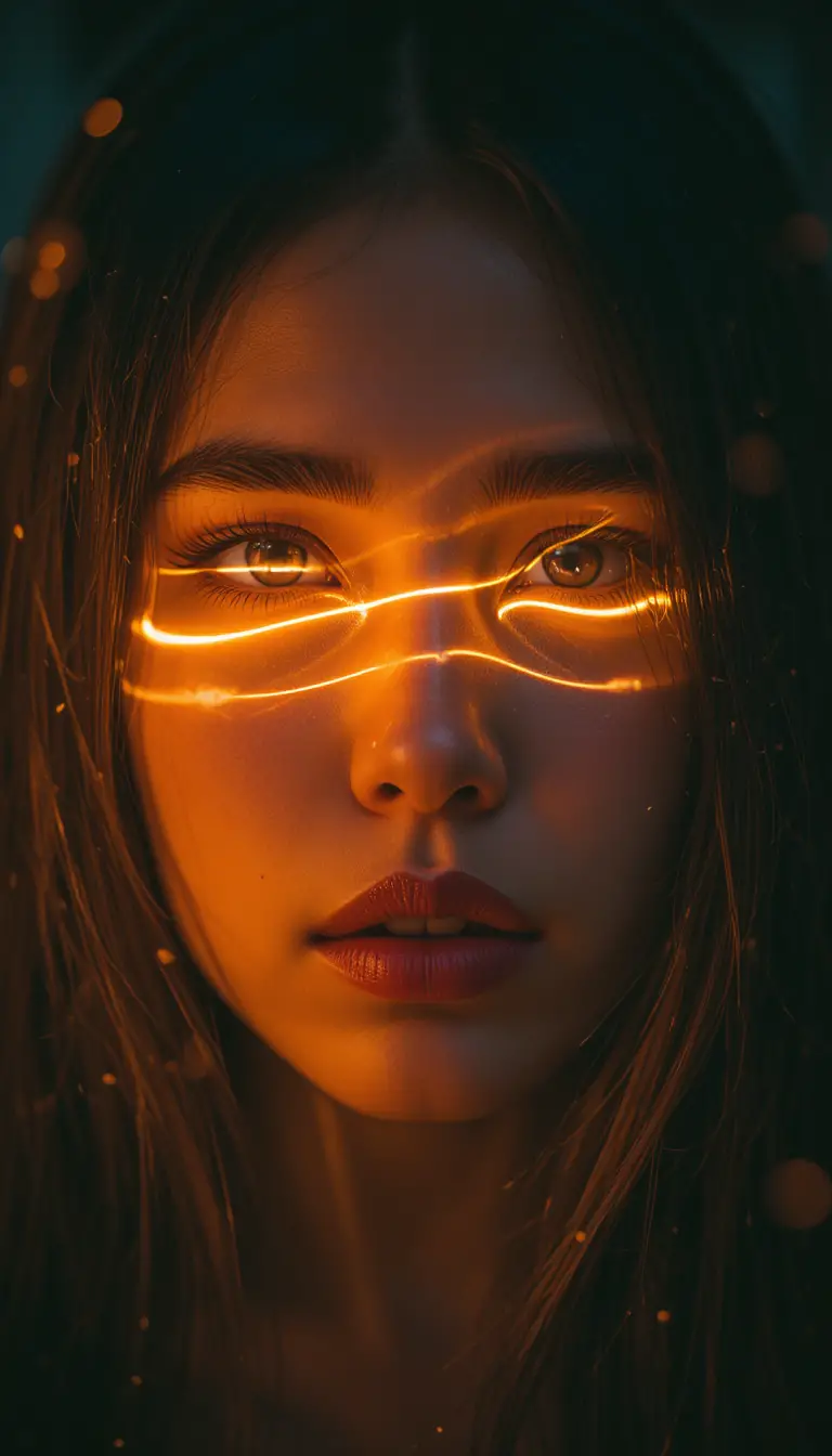 Cinematic portrait of a woman with glowing light trails