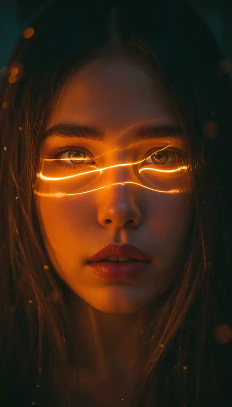 Cinematic portrait of a woman with glowing light trails