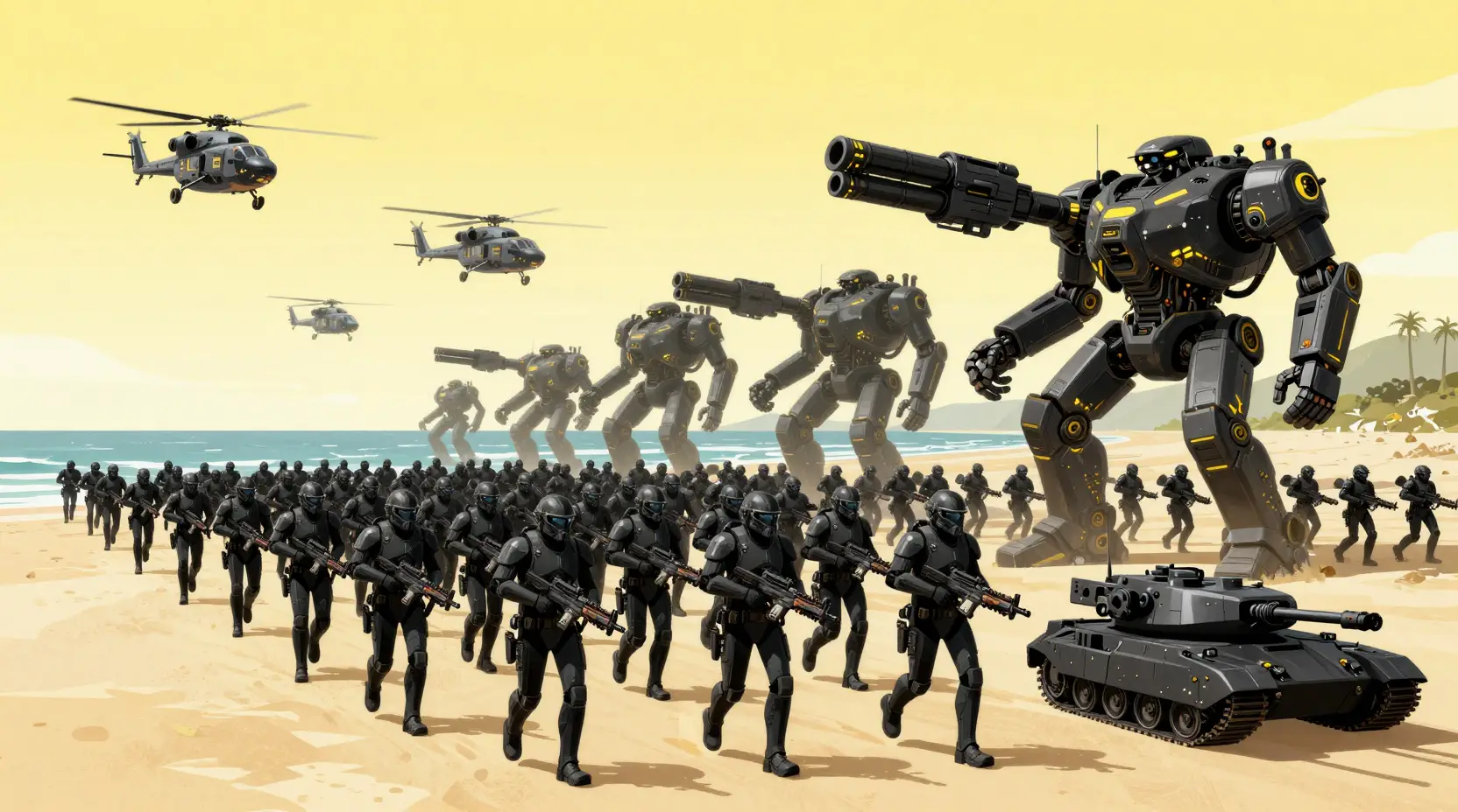 Futuristische Supersoldaten stürmen über einen Sommerstrand