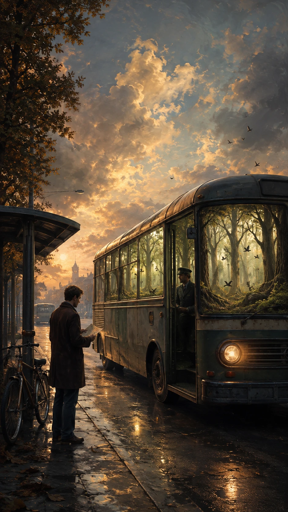 Man Waiting At Bus Stop Before A Forest Filled City Bus