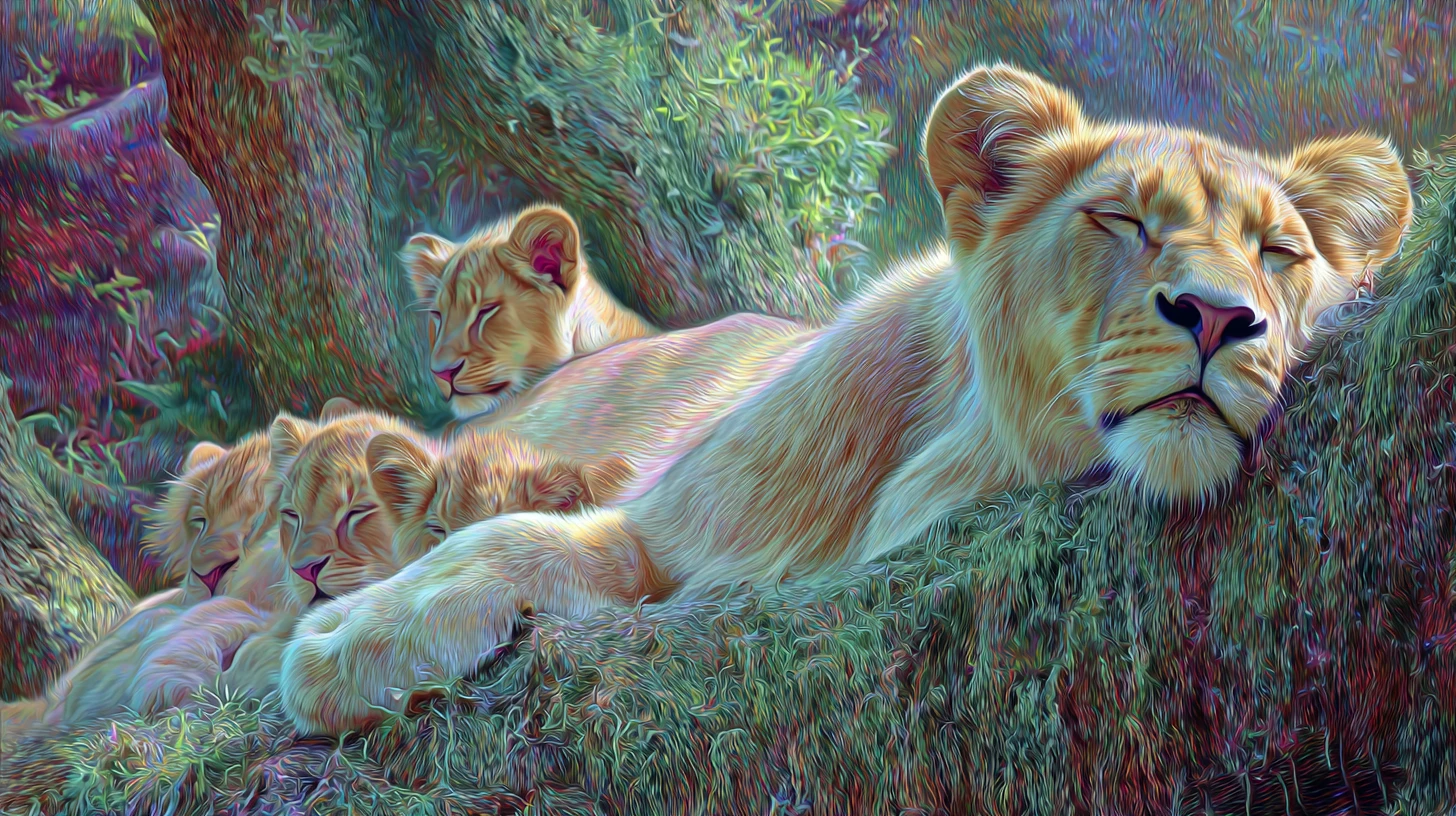 Serene surreal scene of a relaxed lion family together
