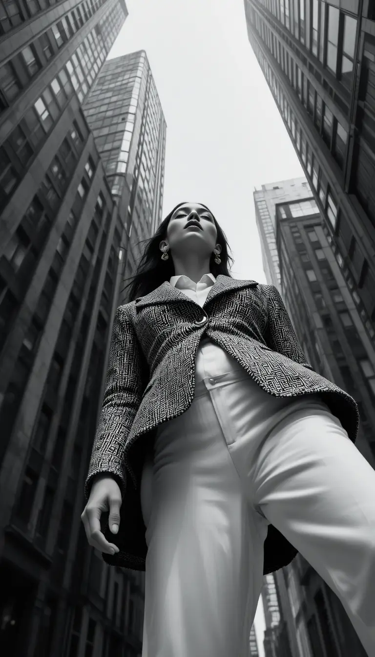 Stylish woman in tweed blazer against towering city skyscrapers