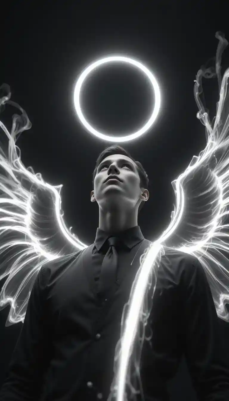 Low angle portrait of a man with glowing angelic light
