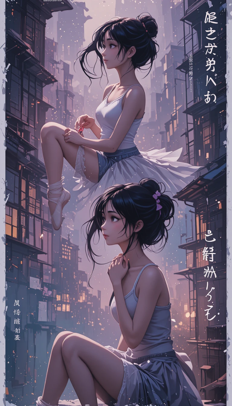 Young anime ballerina tying her shoes in the city