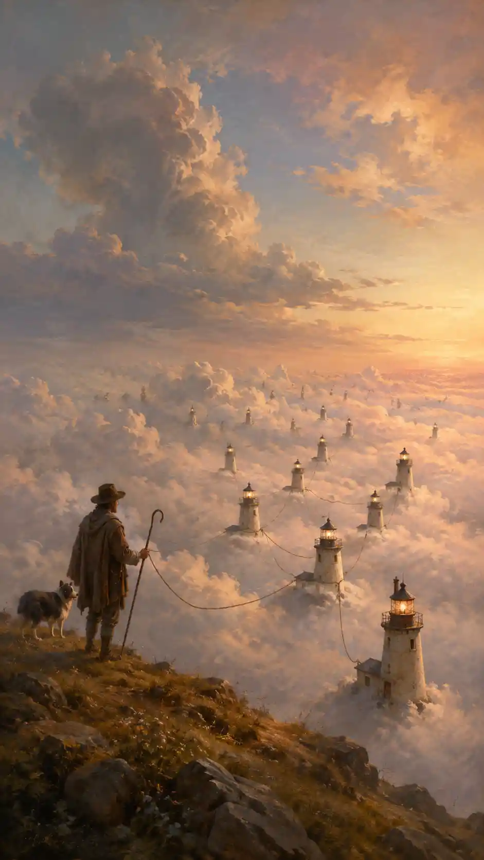 Shepherd Guiding Tiny Lighthouses Across Rolling Cloud Fields