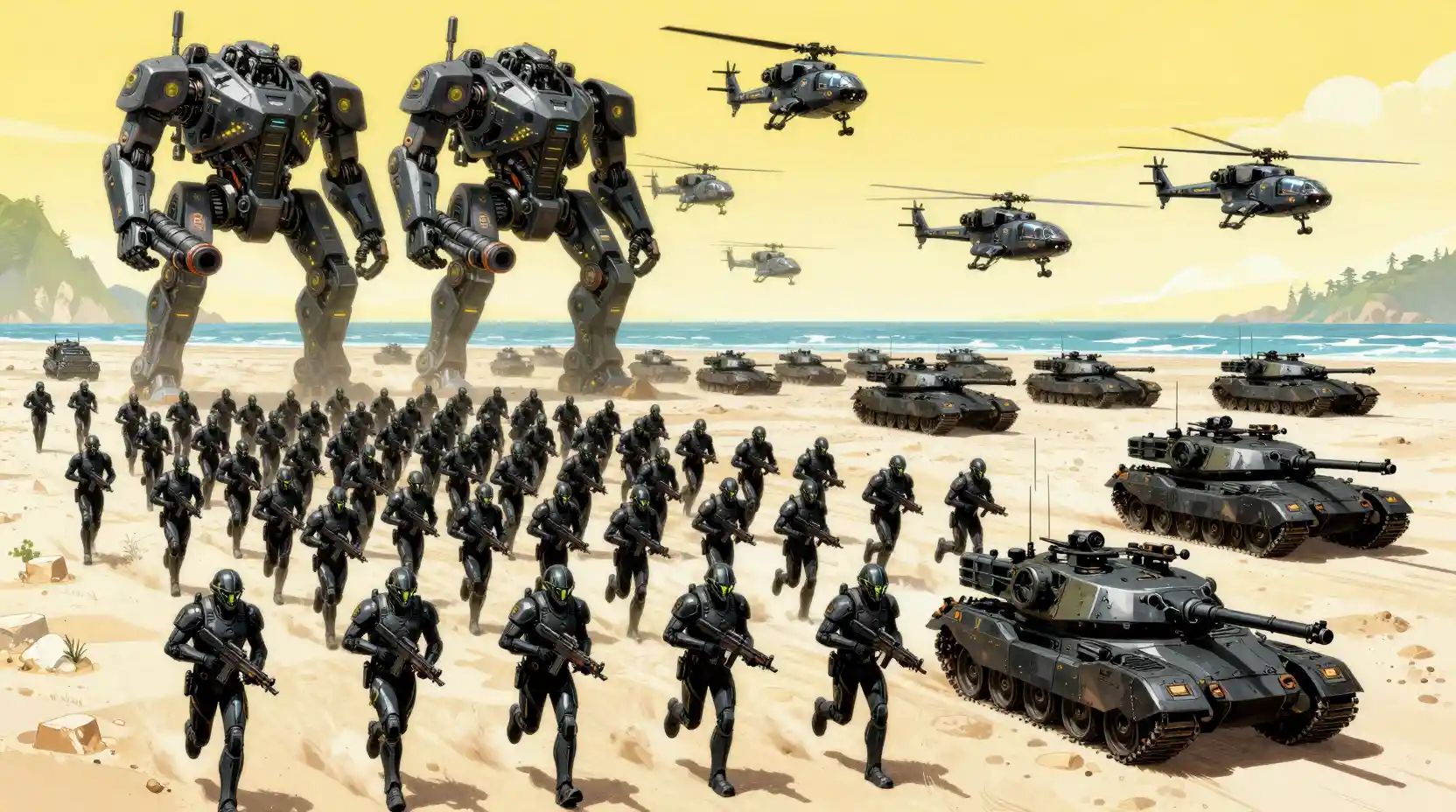 Ejército futurista de soldados cargando por la playa