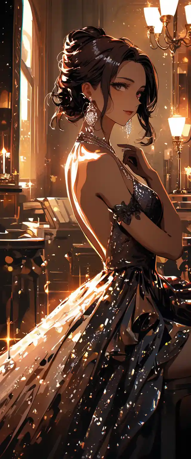 Elegante donna in abito scollato sulla schiena su uno sgabello di legno