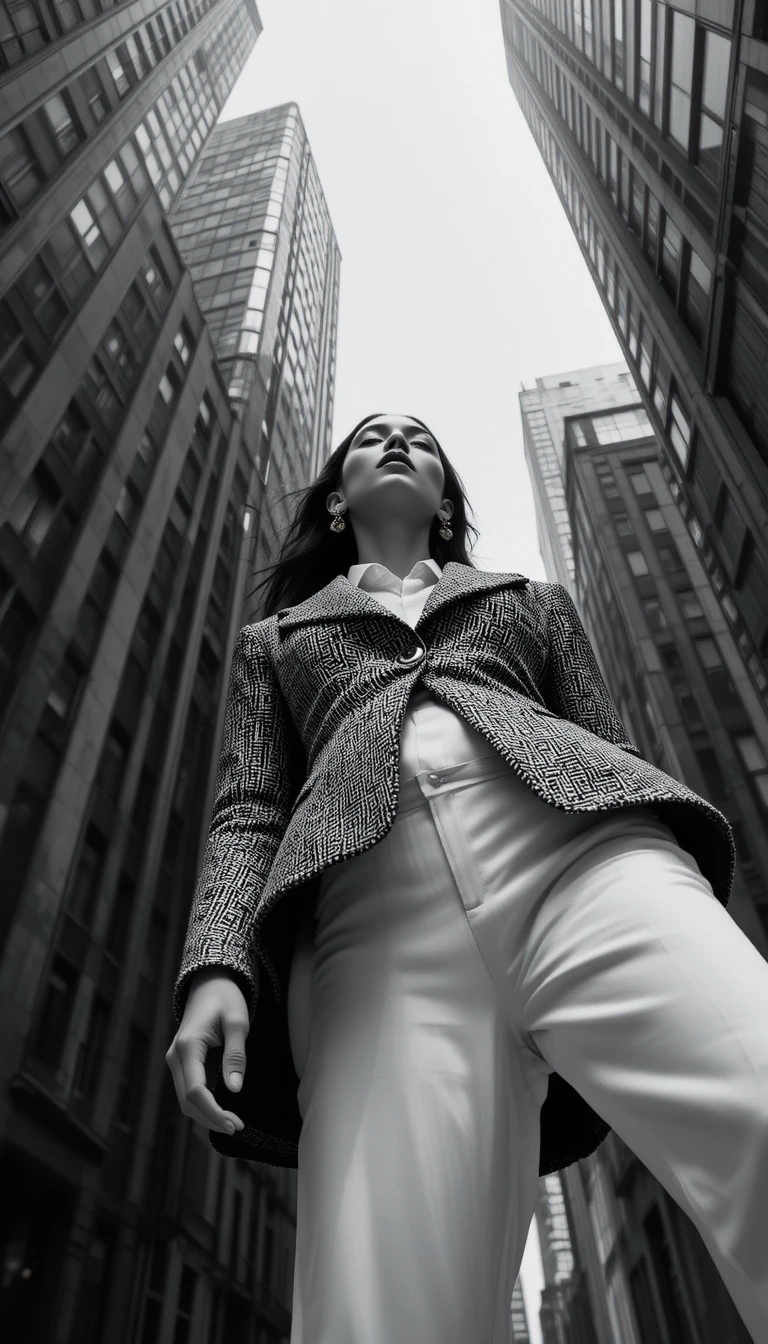 Stylish woman in tweed blazer against towering city skyscrapers