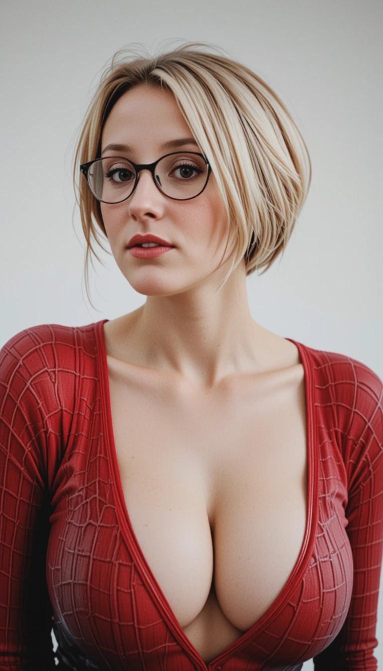 Blondes Teenager-Mädchen mit Brille im Seitenprofil nach vorne gebeugt