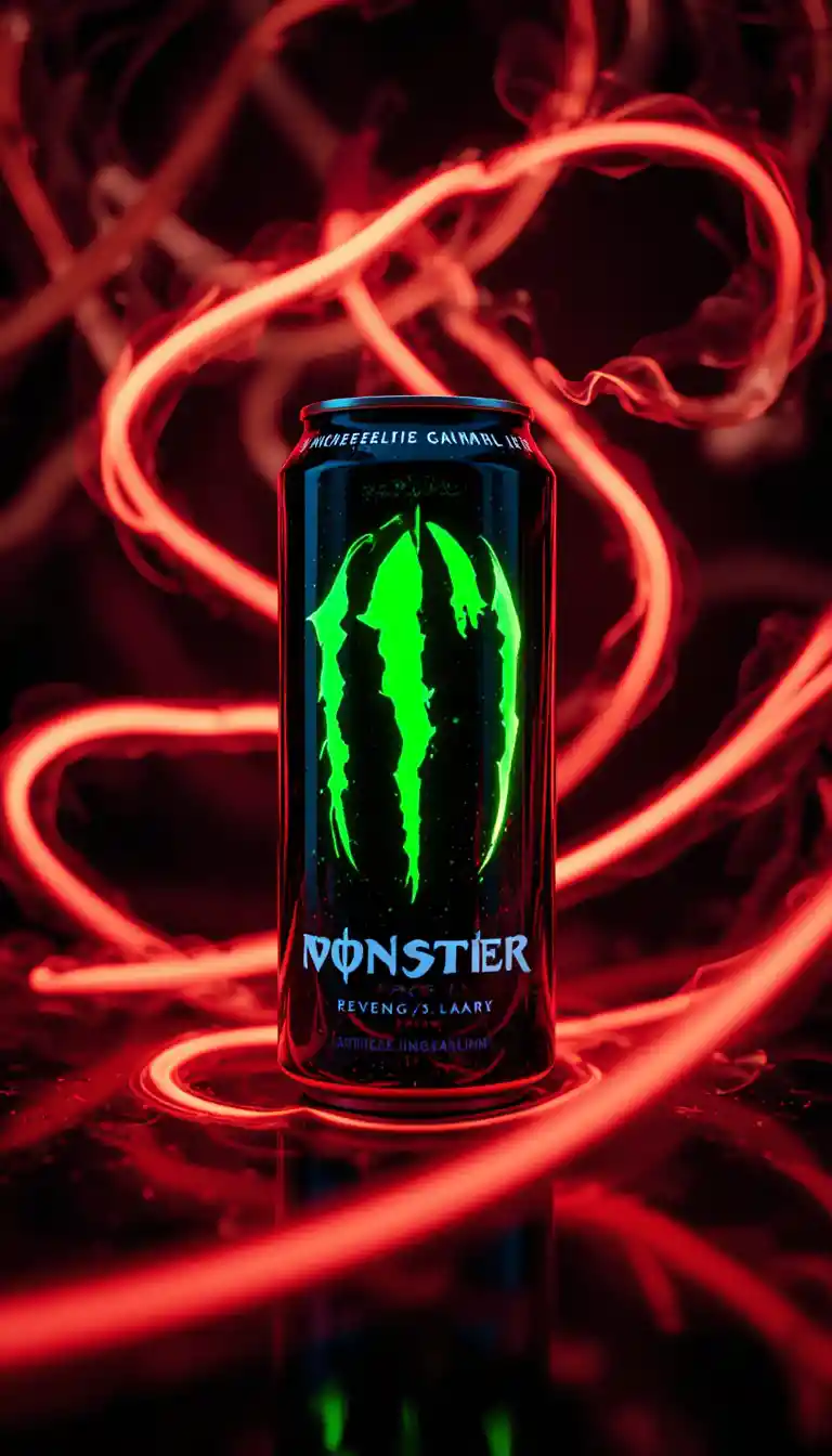 Black energy drink can with red light trails