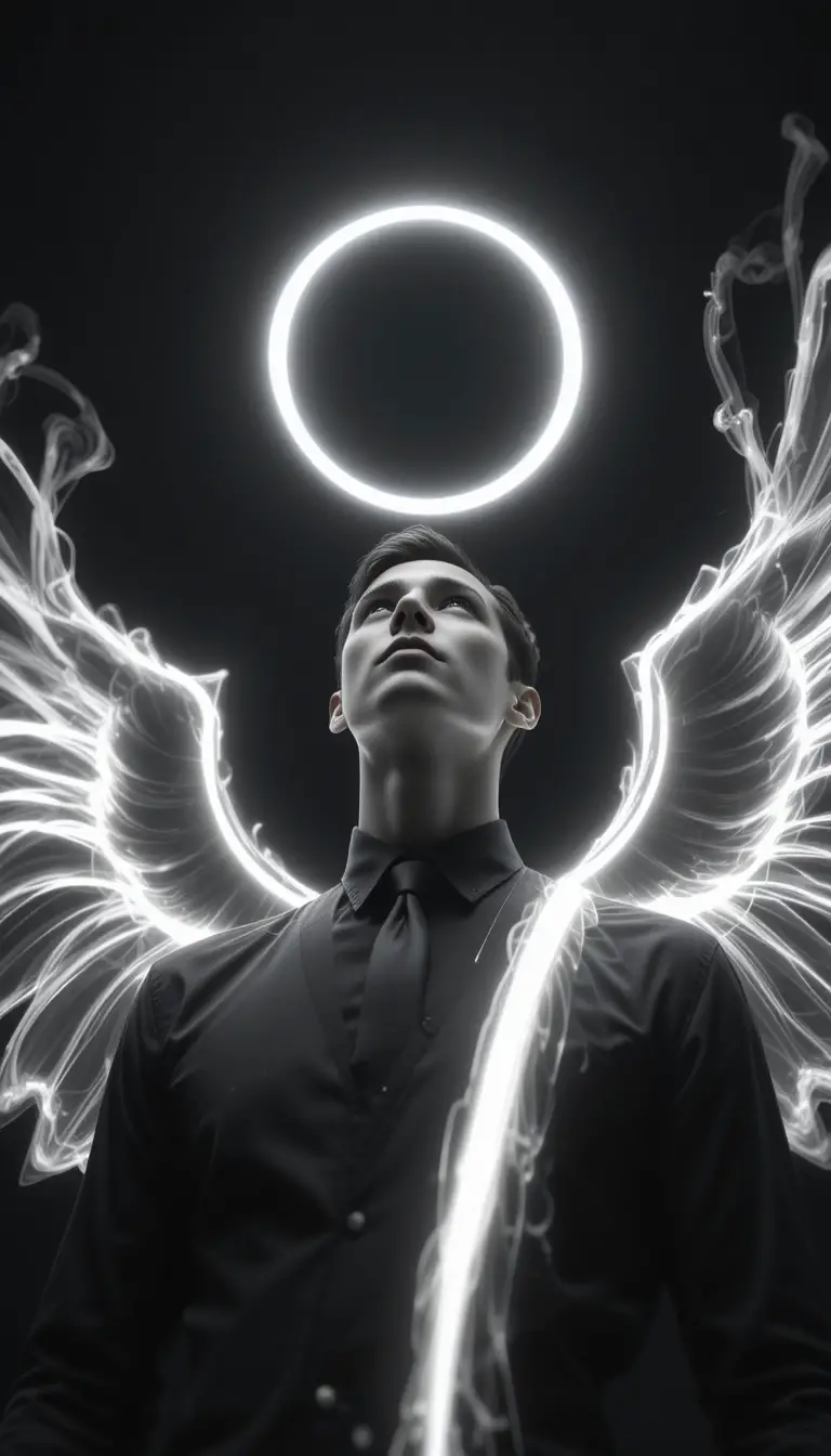 Low angle portrait of a man with glowing angelic light