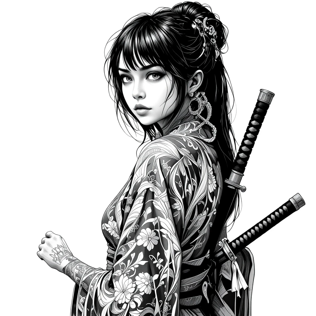 Samurai woman in kimono turning with intense gaze