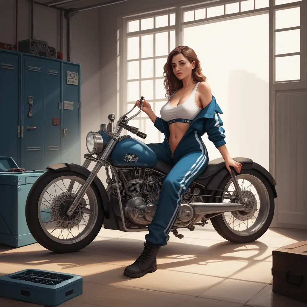 Mechanikerin arbeitet an einem Motorrad in der Werkstatt