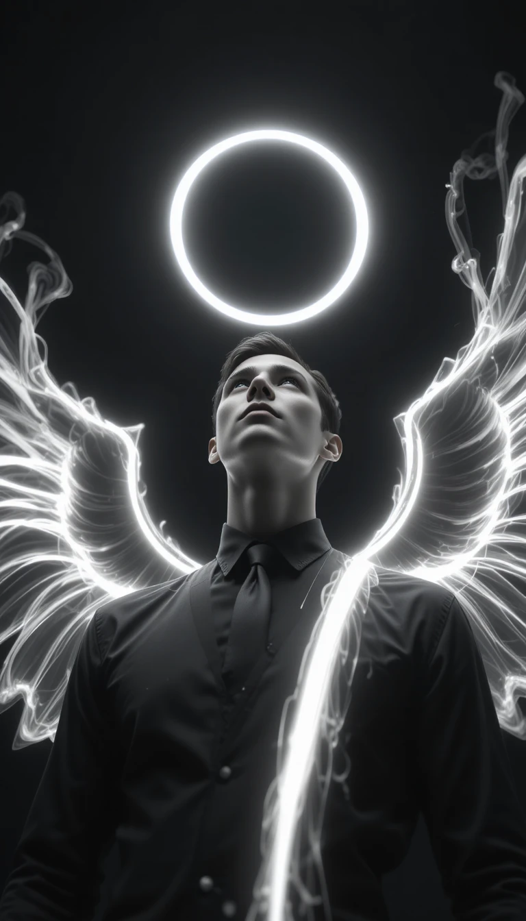 Low angle portrait of a man with glowing angelic light