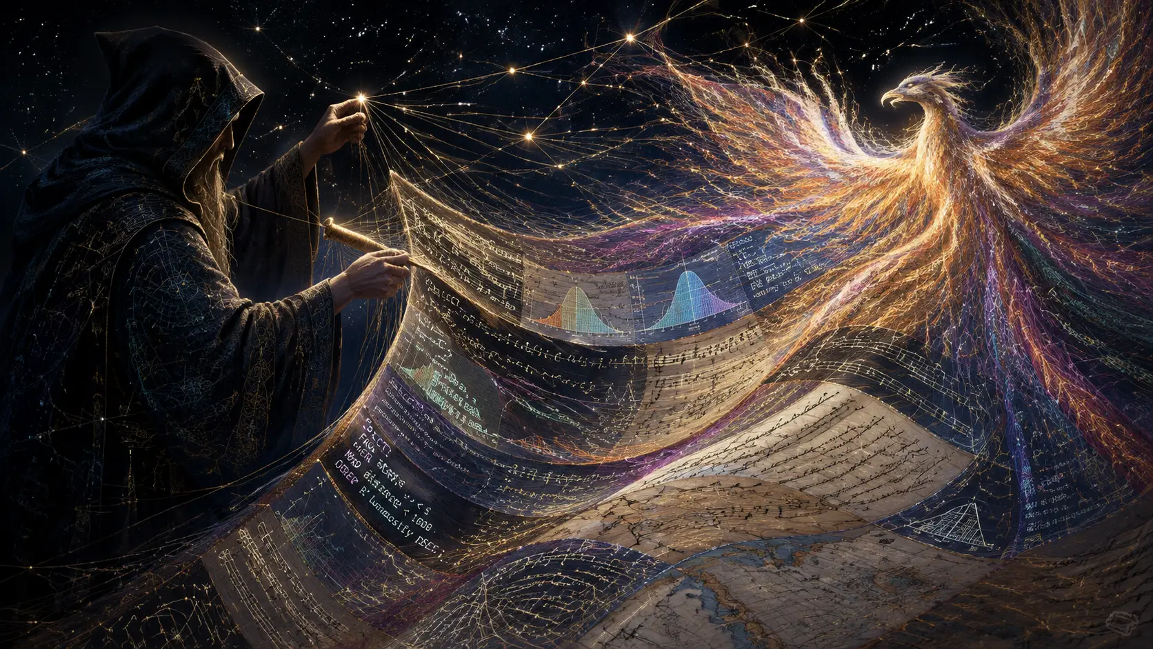Shimmering cosmic tapestry woven from data and starlight