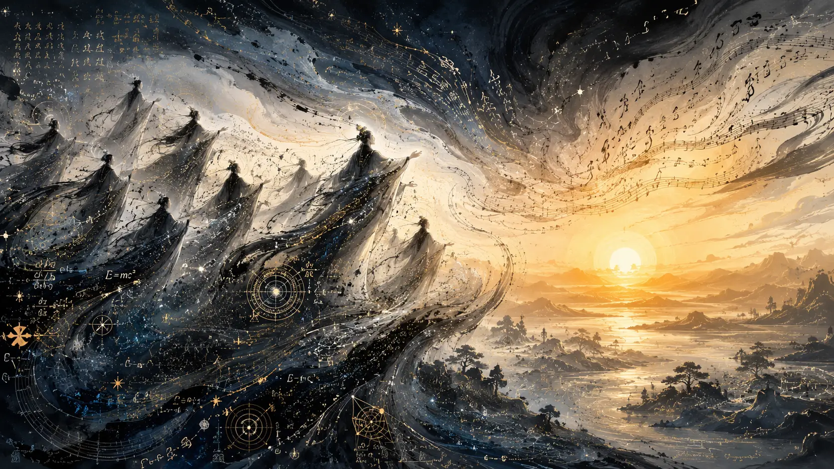 Ethereal Choir Of Silent Beings Beneath Flowing Ink Skies